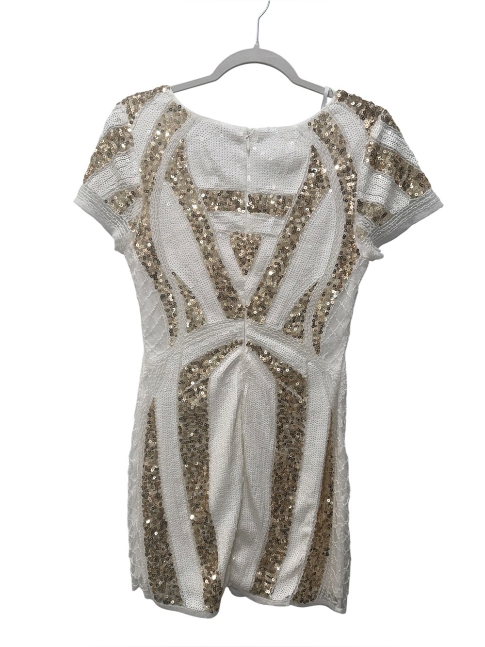 Lulus White & Gold Sequin Short Sleeve V-Neck Cocktail Dress. Size XS - Picture 4 of 9